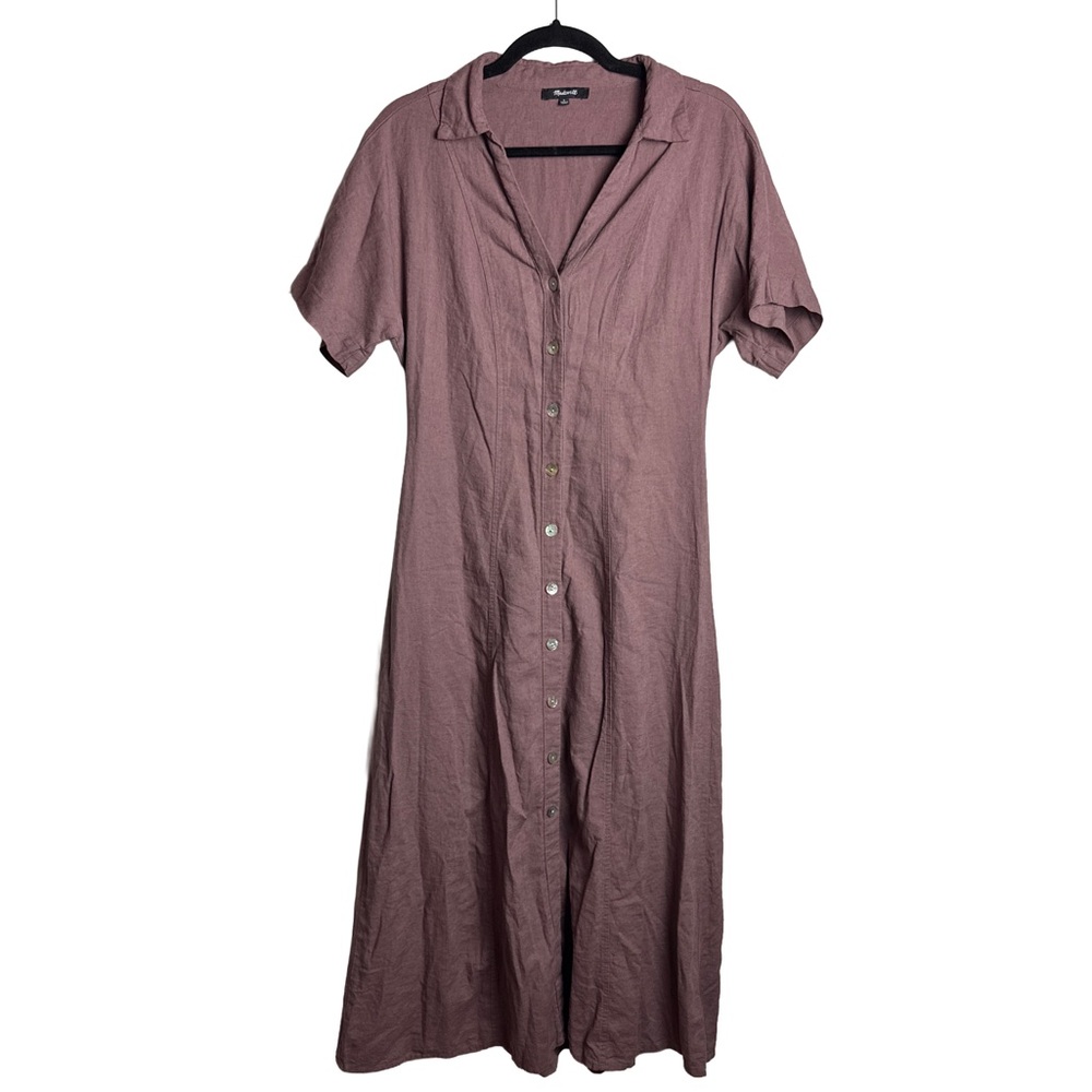Madewell Linen Blend Button-Front Midi Dress Brown Mauve Size 0 - Picture 3 of 6